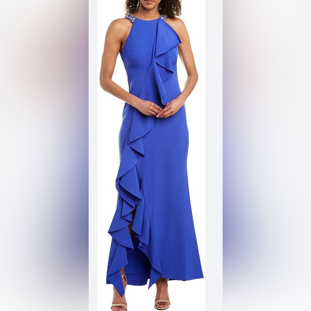 NWT Elizą J beaded Halter neck cascading ruffle gown
